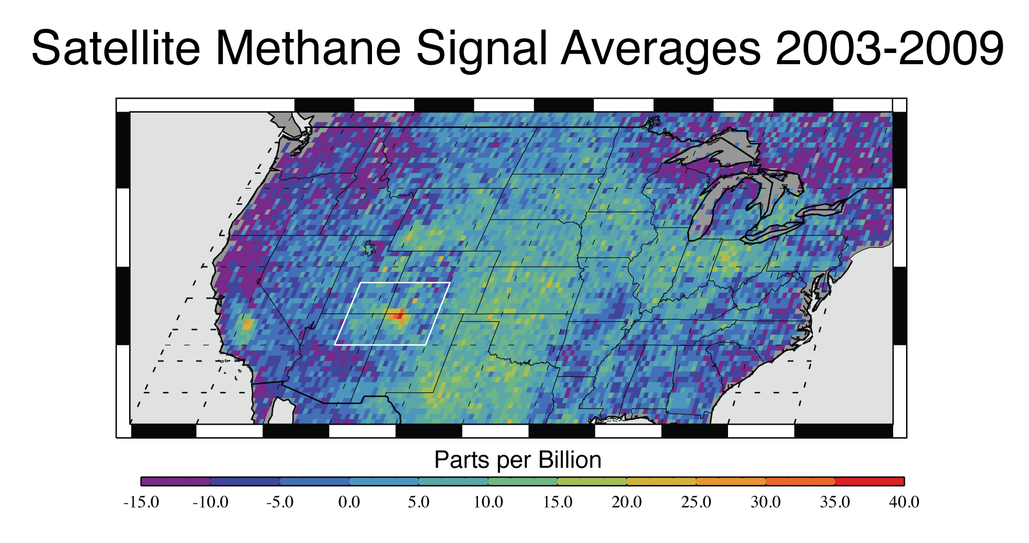 This map shows anomalous U.S. methane emissions (that is, how much the emissions are higher or lower than average) for 2003-2009, as measured by SCIAMACHY. Purple and dark blue areas are below average. Pale blue and green areas are close to normal or slightly elevated. Yellows and red indicate higher-than-normal anomalies, with more intense colors showing higher concentrations. The Four Corners area is the only red spot on the map. Image credit: NASA/JPL-Caltech/University of Michigan