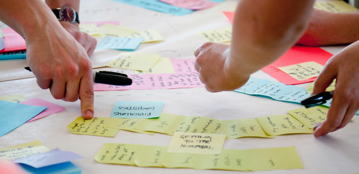 A group of designers discuss concepts with sticky notes.