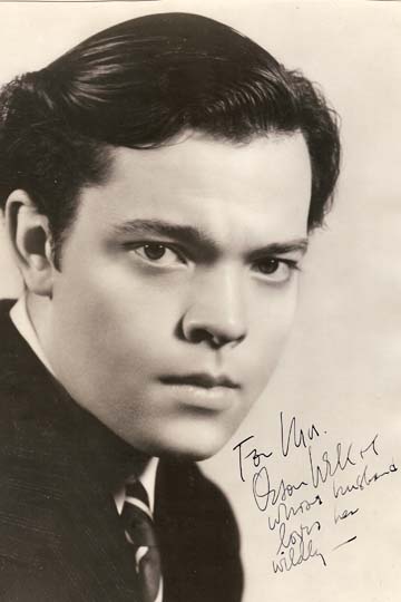This early headshot of a young Orson Welles, circa 1935, contains a unique inscription to a very special recipient, his first wife, Virginia Nicolson. It reads: "For Mrs. Orson Welles, whose husband loves her wildly." (Image courtesy of the Special Collections Library at the University of Michigan.)