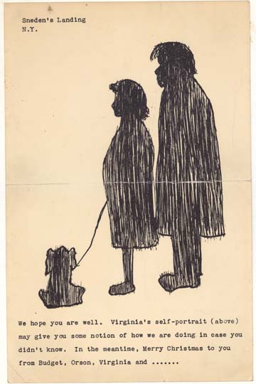 Welles used this whimsical drawing by his wife, Virginia Nicolson, as a Christmas card in 1937 to announce the pending birth of their daughter, Chris. The image includes their cocker spaniel, aptly named Budget. As an adult, Chris Welles Feder would donate the scrapbook containing this item and many other personal artifacts to the University of Michigan for use by historians and scholars. (Image courtesy of the Special Collections Library at the University of Michigan.)