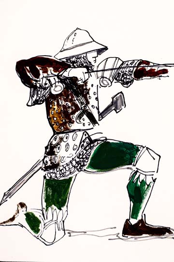 Orson Welles was a man of many talents: writer, director, actor, and, as we see here, illustrator. This image renders Welles' own thoughts regarding costumes for his career-long obsession with Don Quixote, a film that remained unfinished at his death. (Image courtesy of the Special Collections Library at the University of Michigan.)
