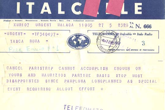 Welles was in Malaga, Spain, in 1961 when he sent this terse telegram to his partner, Alessandro Tasca. Welles was disappointed that the wedding of Tasca's daughter would take precedence over their long-planned shoot in Pamplona. According to Welles, Tasca's unacceptable behavior demonstrated a part-time commitment to their partnership. Several longer letters followed. (Image courtesy of the Special Collections Library at the University of Michigan.)