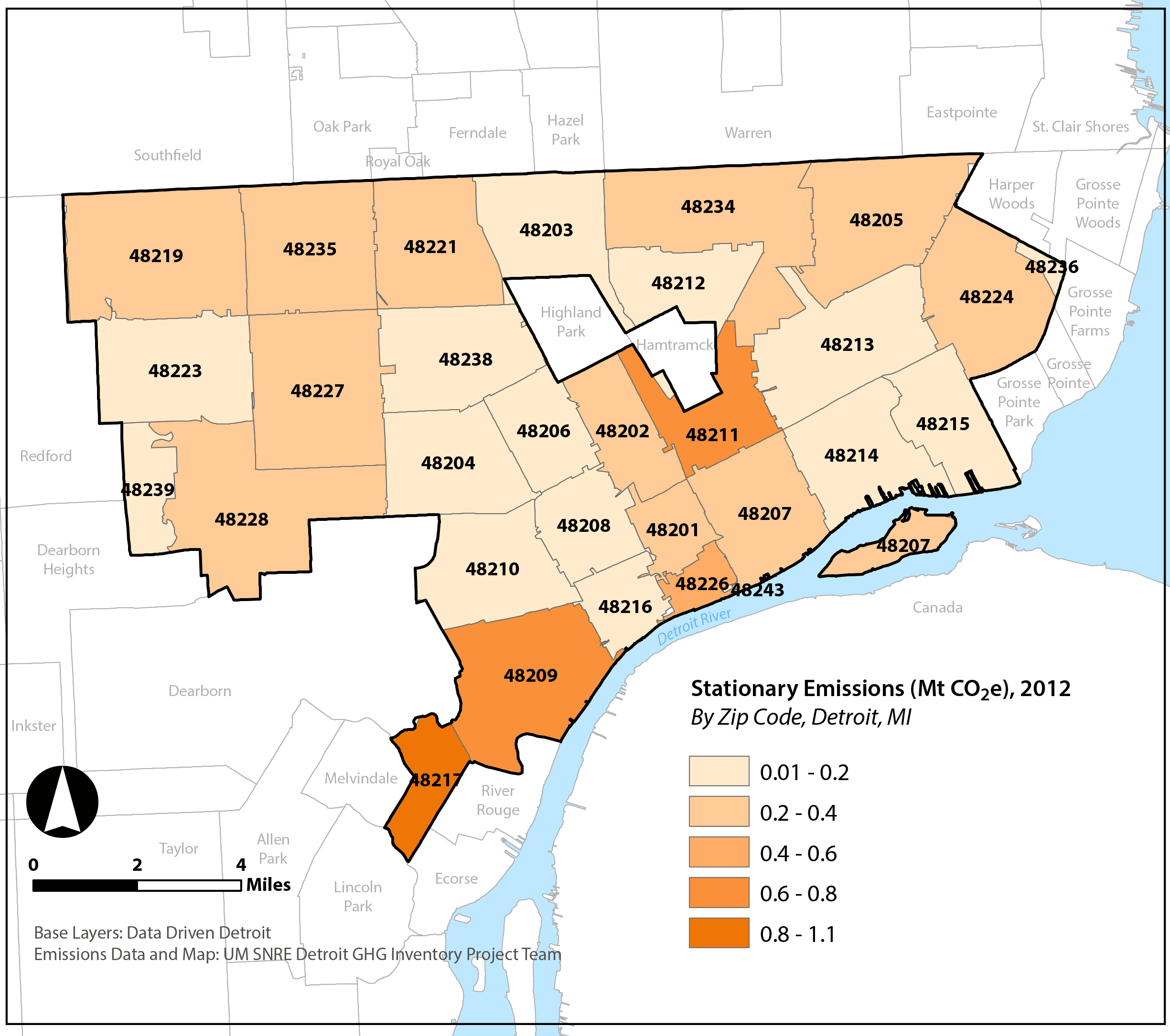 Citywide greenhouse gas emissions in Detroit, 2012, by ZIP code. Amounts are expressed in millions of metric tons of carbon dioxide equivalents. Image credit: U-M/SNRE Detroit GHG Inventory Project Team