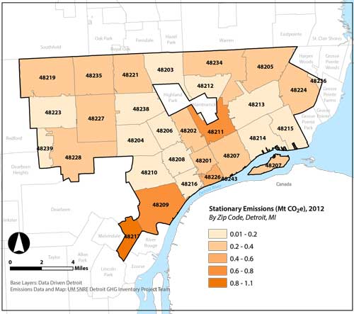 Citywide greenhouse gas emissions in Detroit, 2012, by ZIP code. (Image credit: U-M/SNRE Detroit GHG Inventory Project Team.)