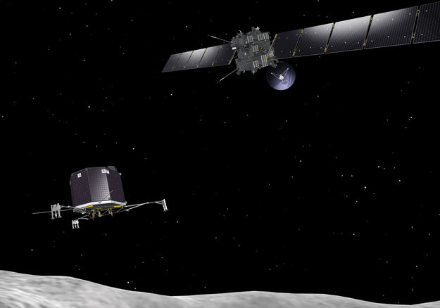 Artist’s impression of the Rosetta orbiter deploying the Philae lander to comet 67P/Churyumov–Gerasimenko. Image credit: European Space Agency