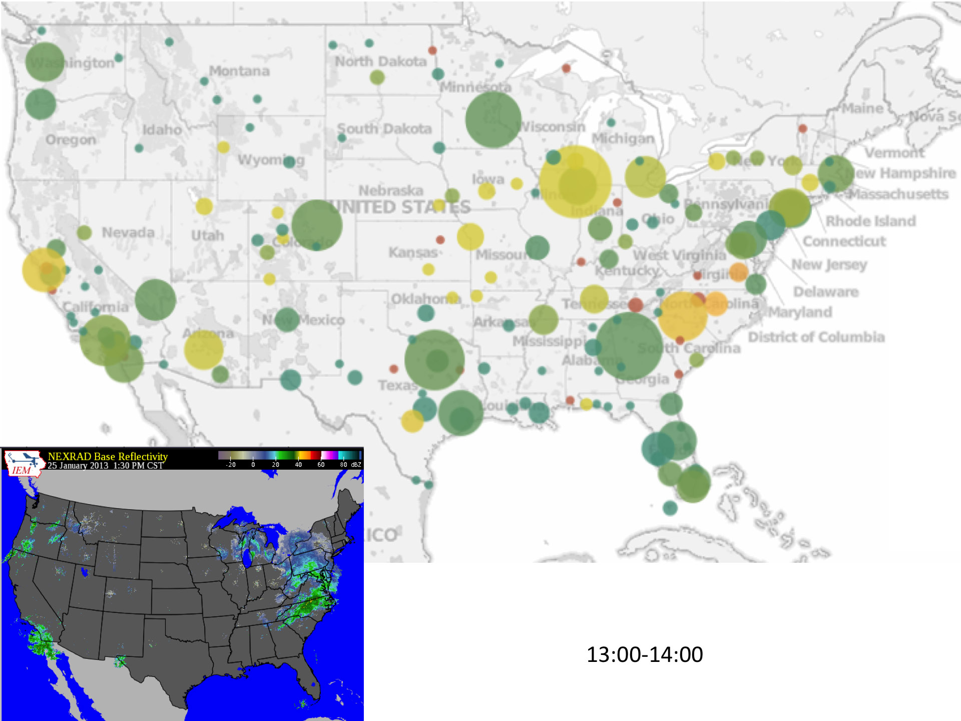 A map showing weather patterns in the lower right, while a larger U.S. map shows corresponding flight delays.