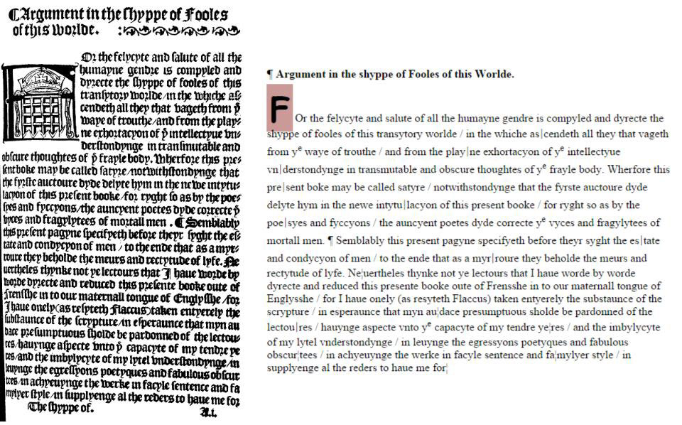 A comparison of text as it appears in the scanned Early English Books Online (EEBO) file alongside the text as manually transcribed by Text Creation Partnership (TCP). Image courtesy Proquest