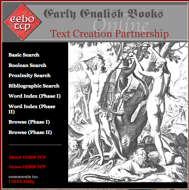 The homepage of the EEBO-TCP website hosted by the University of Michigan Library.
