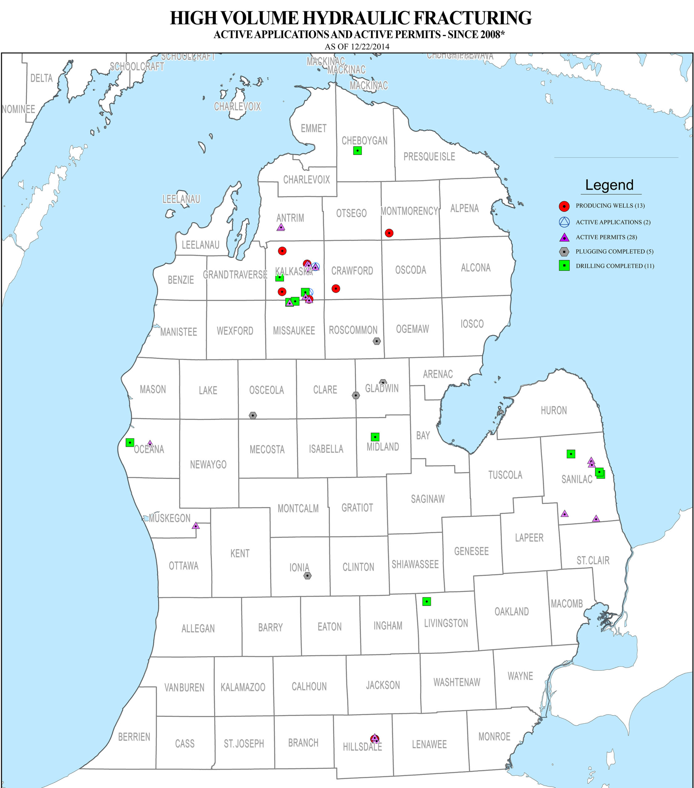 Locations of high-volume hydraulic fracturing active applications and active permits in Michigan since 2008. Source: MDEQ