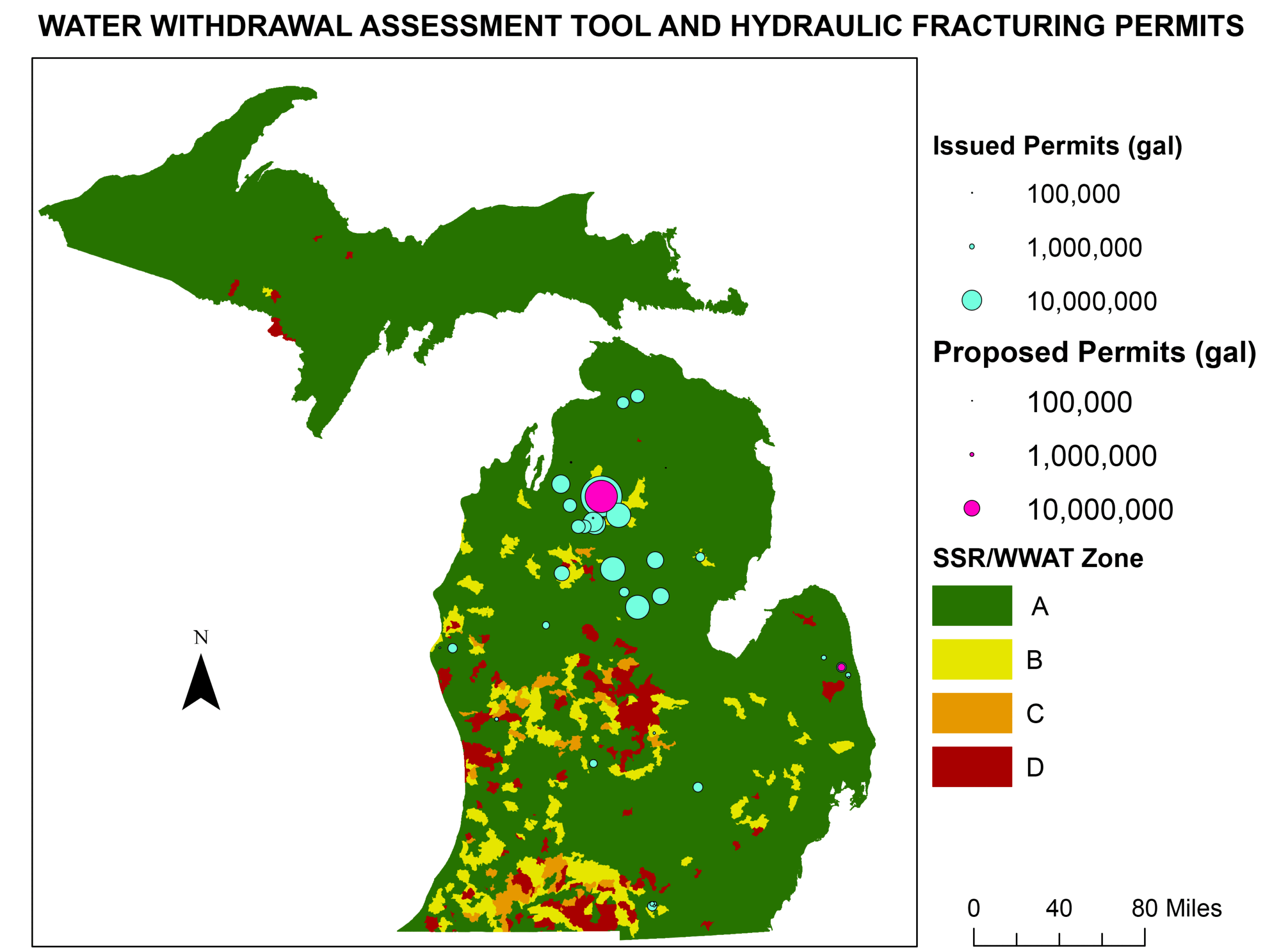 Locations of proposed and issued permits for water withdrawals associated with high-volume hydraulic fracturing wells, along with the amount of water. Also shown are locations where proposals for other types of large-scale water withdrawals, including agriculture, have either been accepted (yellow), not accepted (orange) or rejected (dark red) by the state. Image credits: Shaw Lacy, Josh Sims. Data Source: MDEQ