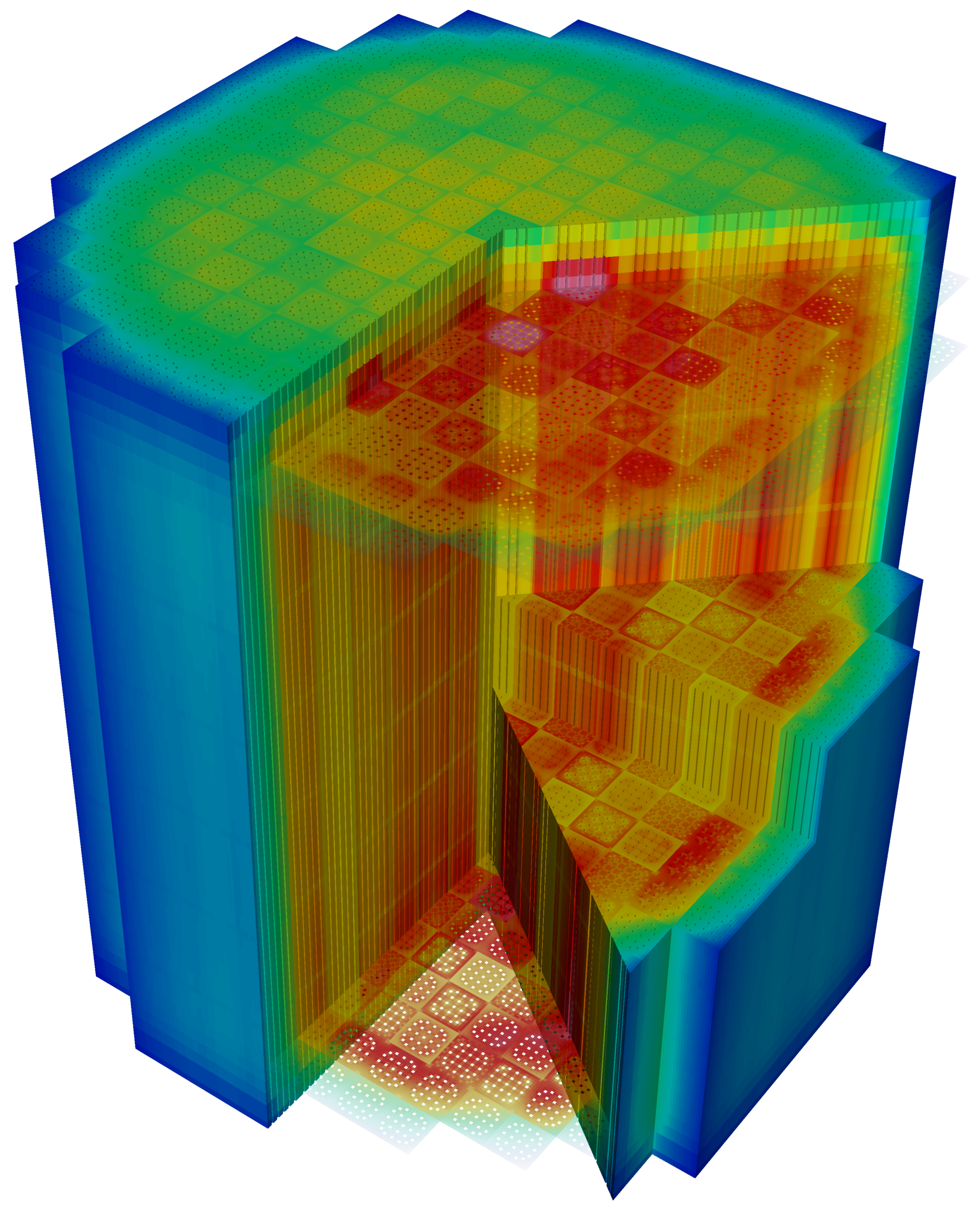 A simulation of the nuclear power distribution inside an operating reactor core. Image credit: Brendan Kochunas and the MPACT team