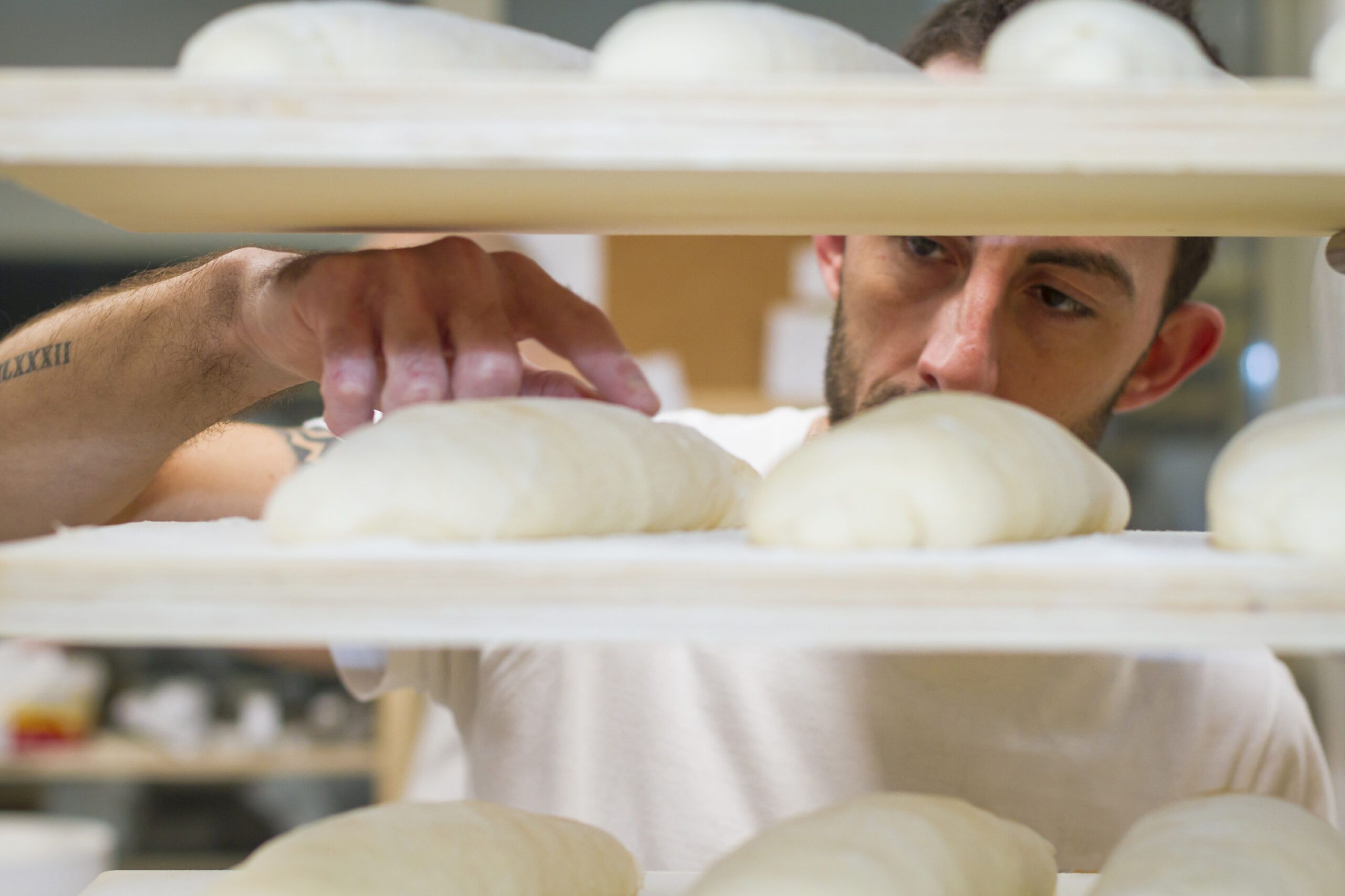  Baker checking bread dough. (stock image)