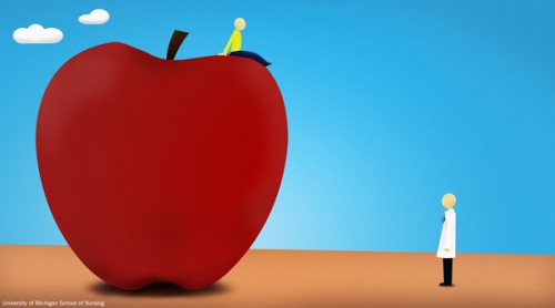 3D Rendering of a person sitting atop a giant apple, while a doctor looks on.