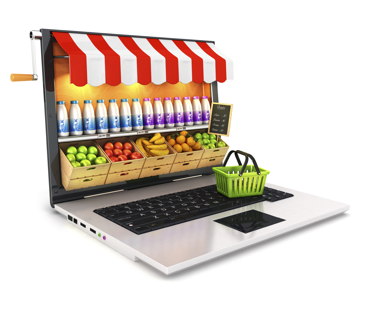 A grocery storefront is superimposed over a laptop computer screen. (stock image)