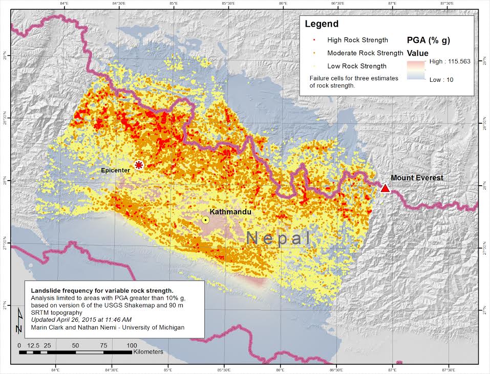 Map showing modeled landslide susceptibility for the magnitude-7.8 Nepal earthquake. The model is based on intensity of ground shaking, steepness of mountain slopes, and rock strength. Models are shown for three estimates of rock strength: red is high, orange is medium, and yellow is weak. The concentration of red dots likely correlates with the greatest risk because numerous landslides are predicted there for all values of rock strength. Image credit: Marin Clark and Nathan Niemi, University of Michigan