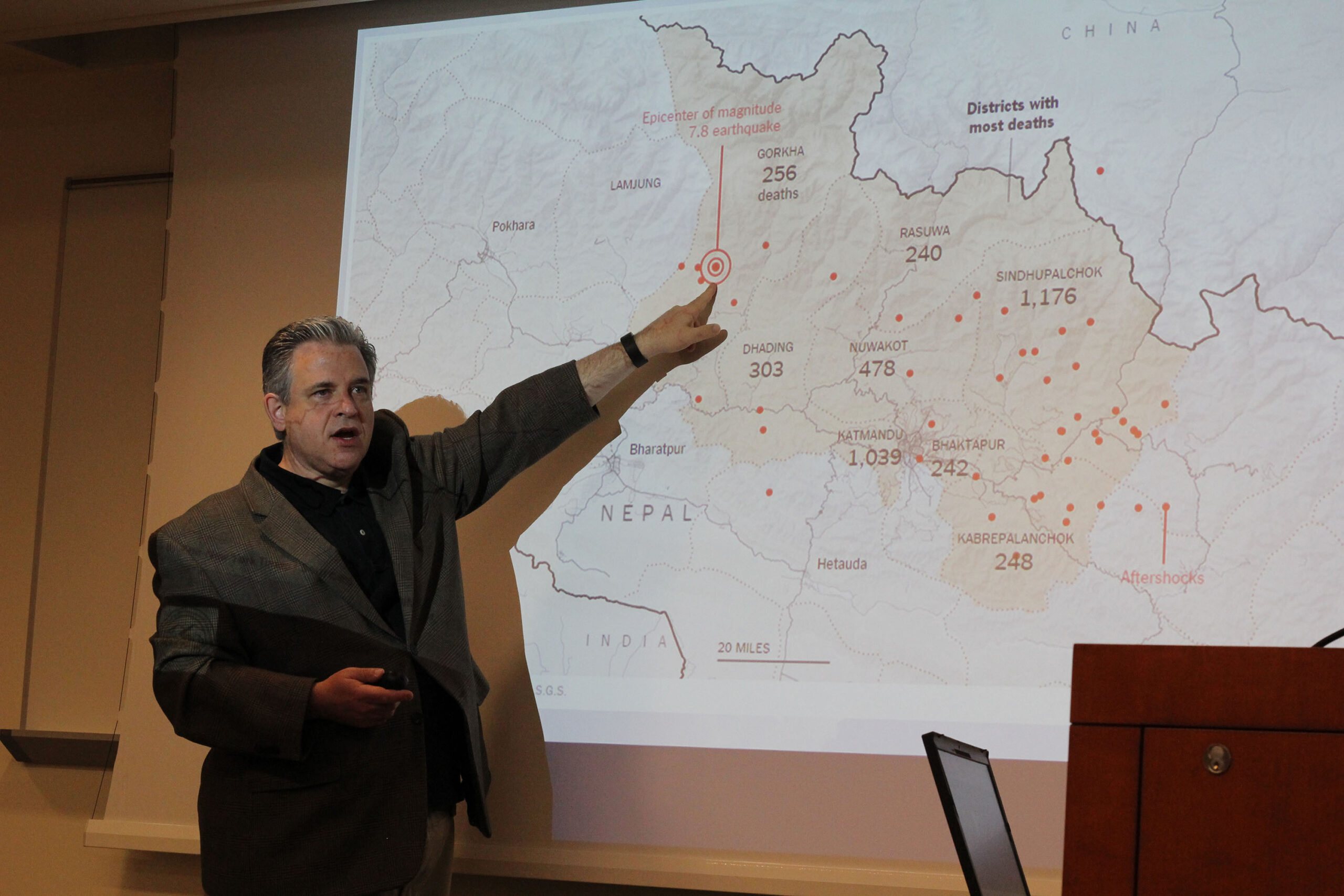 Bill Axinn briefs ISR on Nepal Earthquake and colleagues disaster relief efforts. Image credit:  Michael McIntyre
