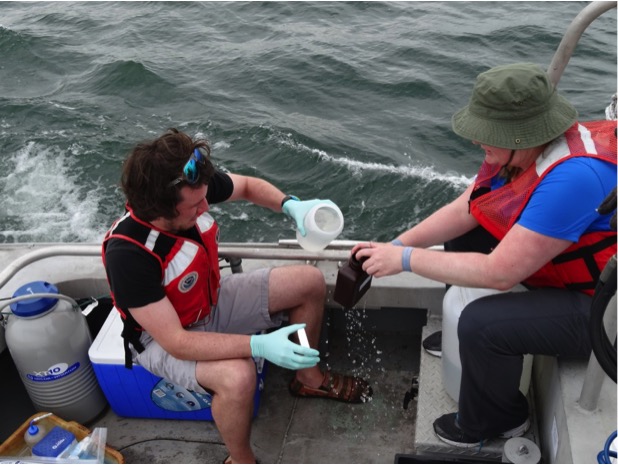 University of Michigan researchers Paul Den Uyl and Sarah Page collecting water samples on Lake Erie in summer 2014. Image credit: Tom Johengen