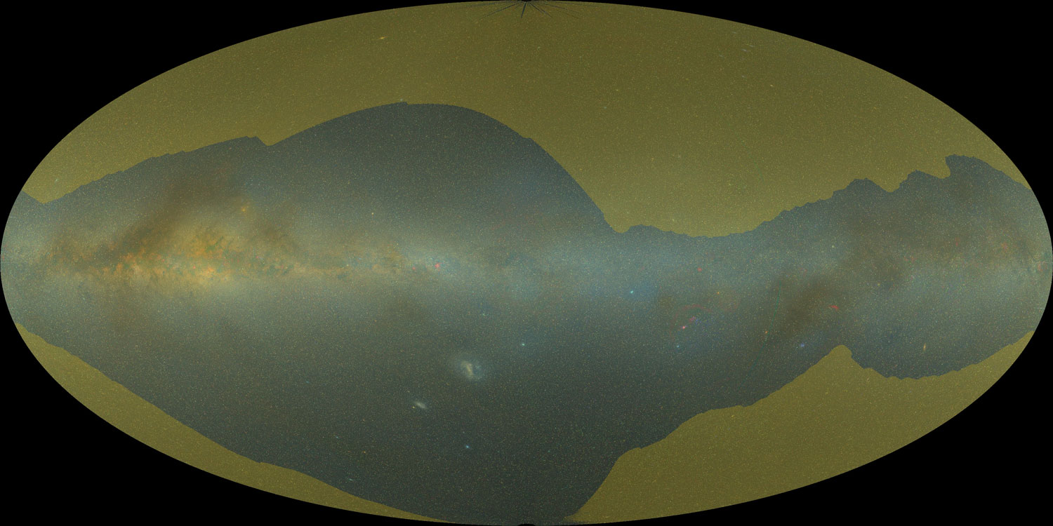 The Milky Way in galactic coordinates with an overlay of the swath of sky that will be imaged by the Dark Energy Spectroscopic Instrument. University of Michigan scientists will be involved in building the giant camera designed to give insights into why the expansion of the universe is speeding up. Image credit: A.Mellinger, C. Miller