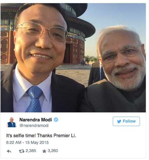 Twitter post with Indian Prime Minister Narendra Modi taking a selfie with Chinese Premier Li Keqiang.