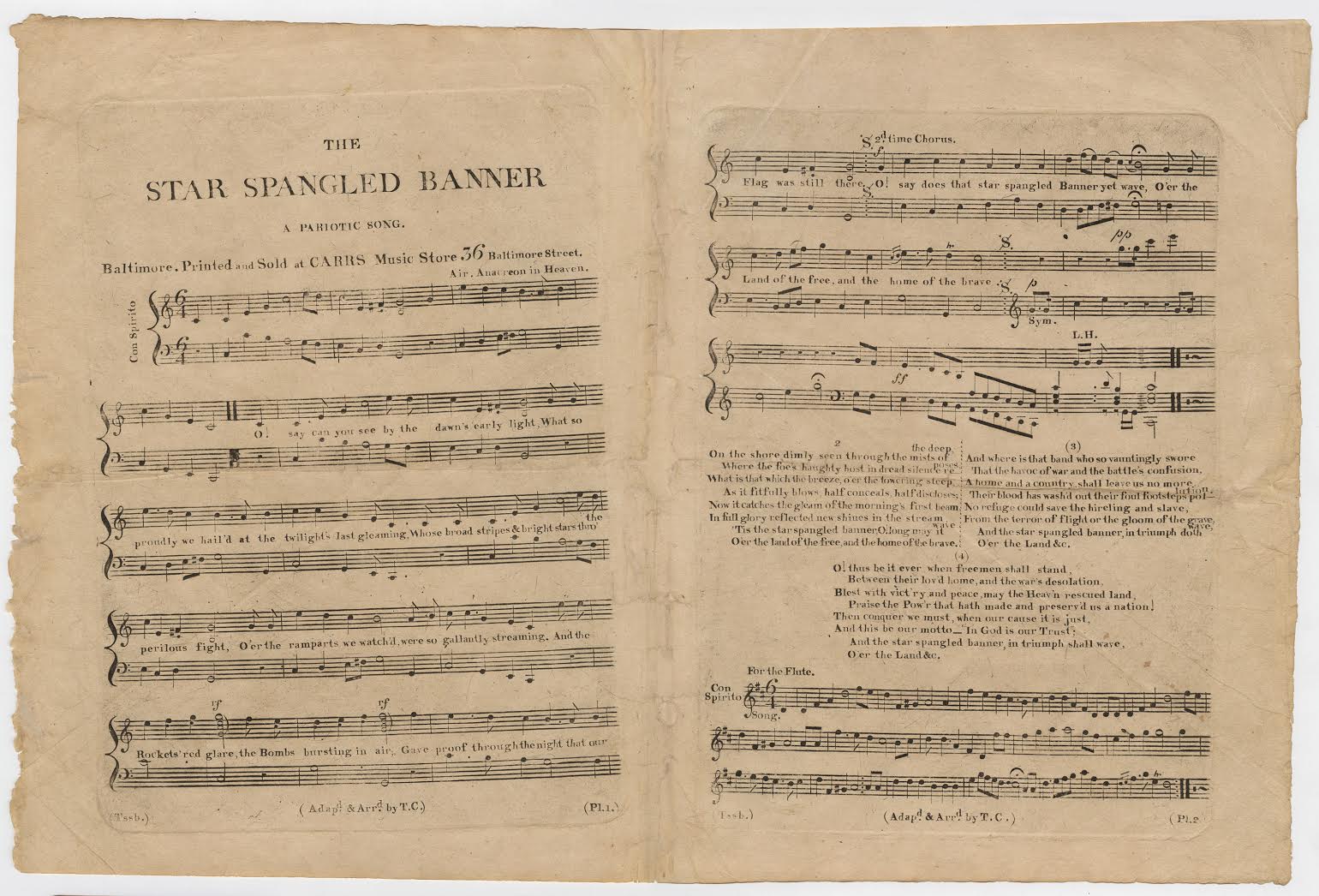 1814 first sheet music edition of “The Star-Spangled Banner,” arranged by Thomas Carr; courtesy the William L. Clements Library, University of Michigan