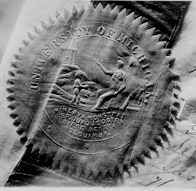 A copy of the 1866 version of U-M’s Minerva seal was unearthed in the Office of the President in 1995.