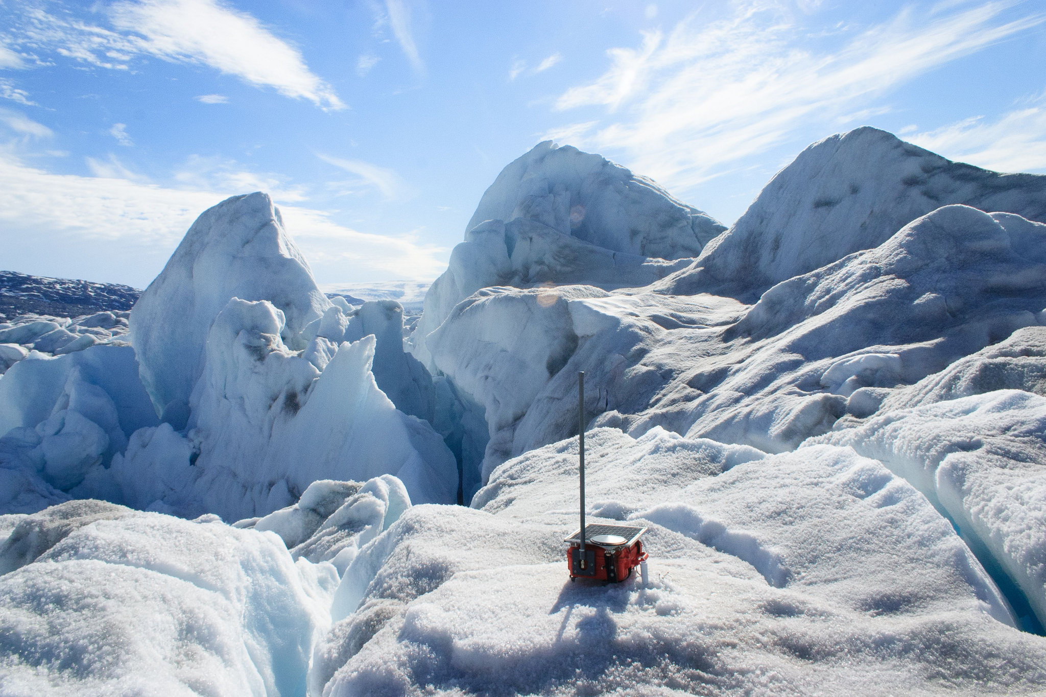 One of the 20 GPS sensors deployed on Helheim Glacier's chaotic surface. Image credit: Alistair Everett, Swansea University