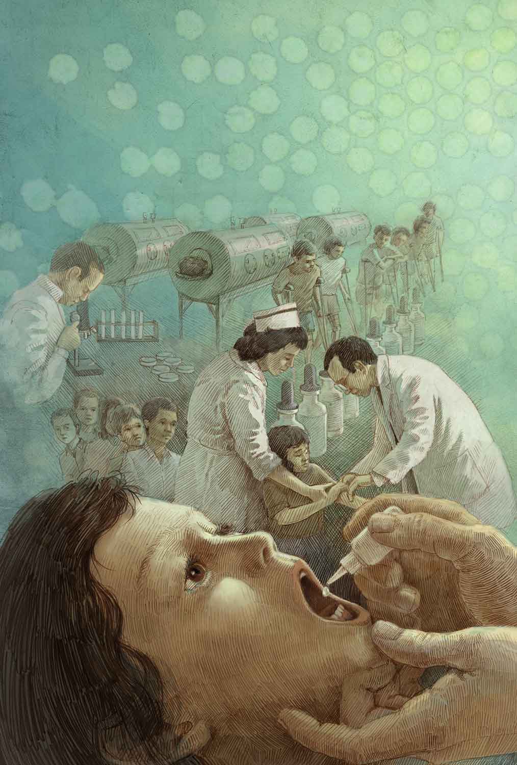 Polio from past to present. The background shows children in iron lungs and children walking with the aid of crutches. The foreground shows polio vaccine development, with Jonas Salk administering the inactivated polio vaccine and the use of Albert Sabin's oral polio vaccine. Image credit: John Megahan