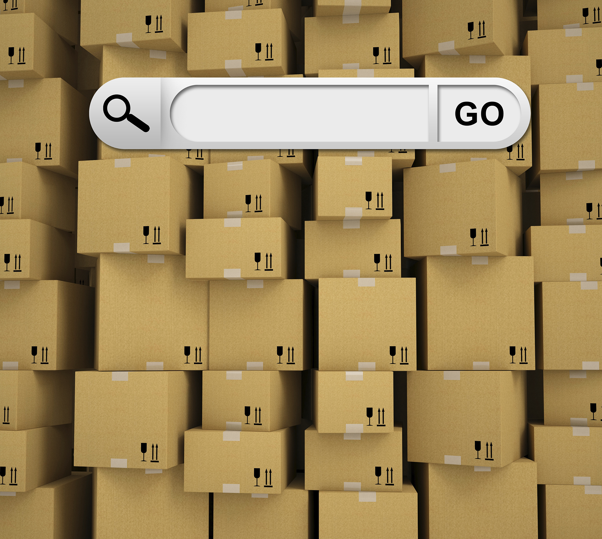 Search bar in browser layered over shipping boxes. (stock image)
