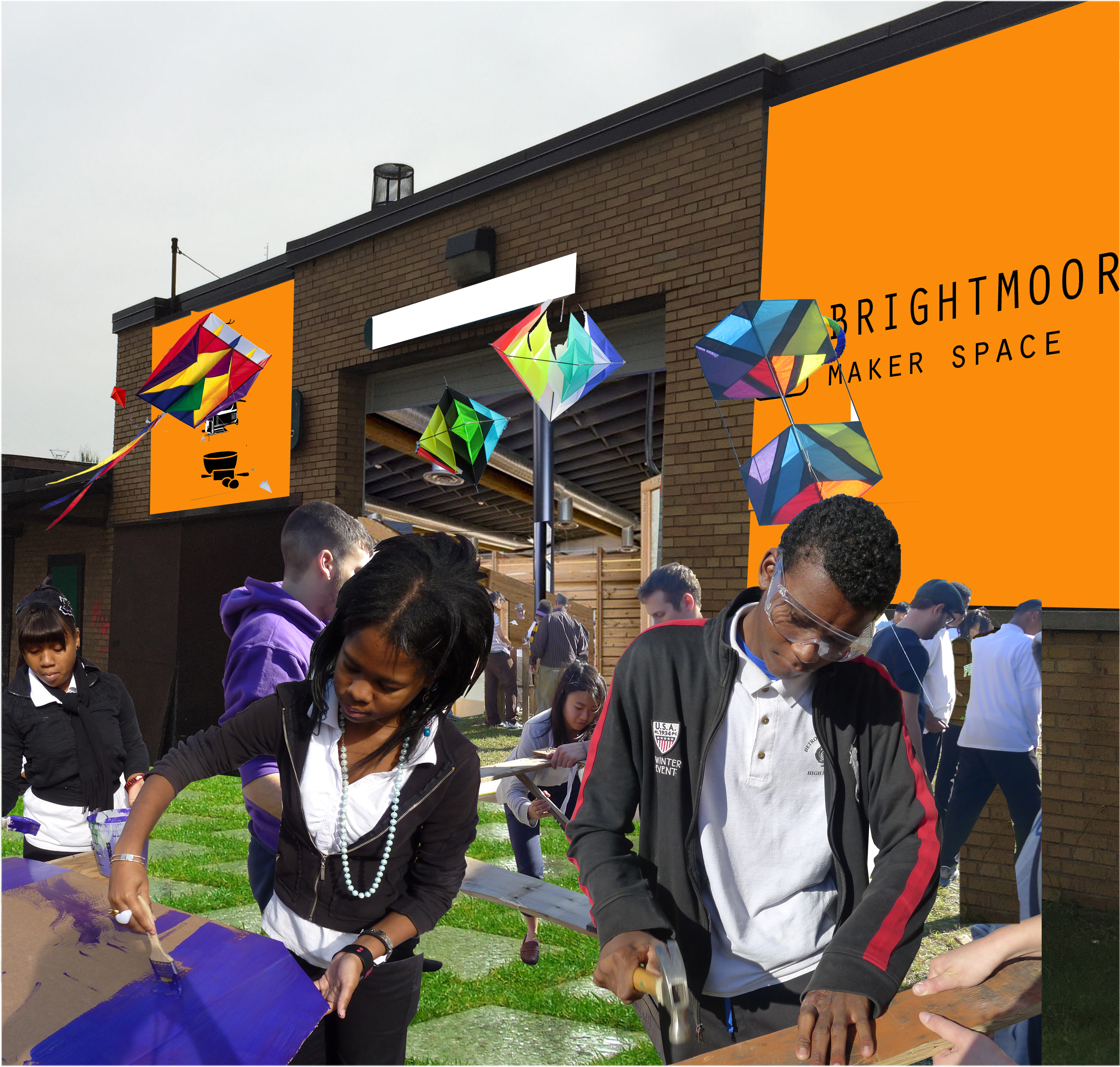 Collage of students working on various projects superimposed over a rendering of the exterior of the completed makerspace. Image credit: Charlie Michaels