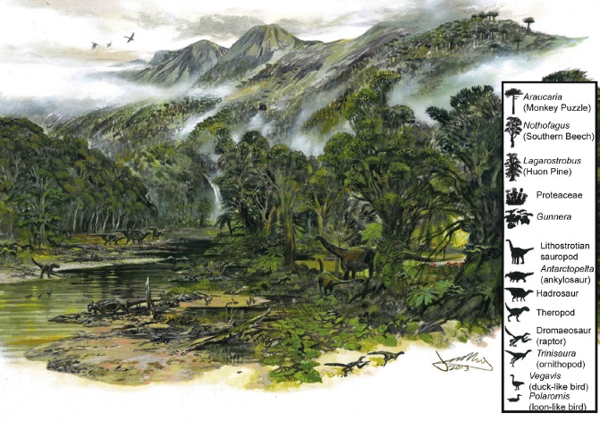 Artist’s impression of the eastern flank of the Antarctic Peninsula during the Cretaceous Period (From Bowman et al, 2014, Artist: James McKay, University of Leeds