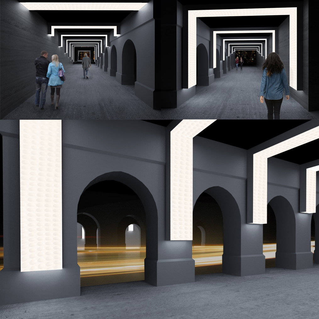 Renderings of “Resonance”, a public art project that will transform Midtown Detroit's historic Second Avenue viaduct. 