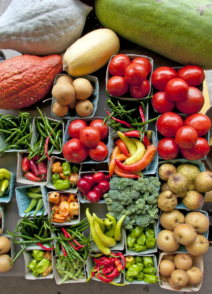 Baskets of fruits and vegetables. (stock image)