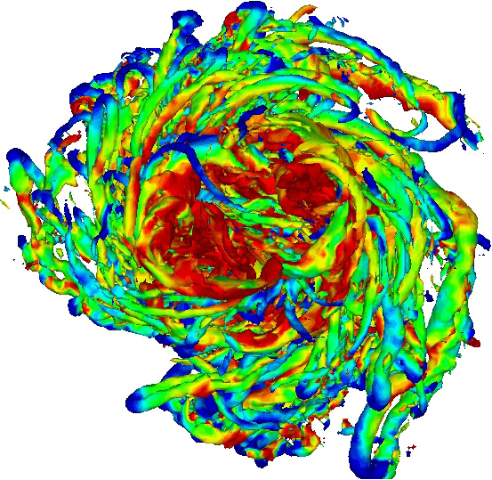 Turbulence simulations for a vortex such as a tornado, a galaxy, or the swirls that form at the tips of airplane wings. Image courtesy: Karthik Duraisamy, Aerospace Engineering