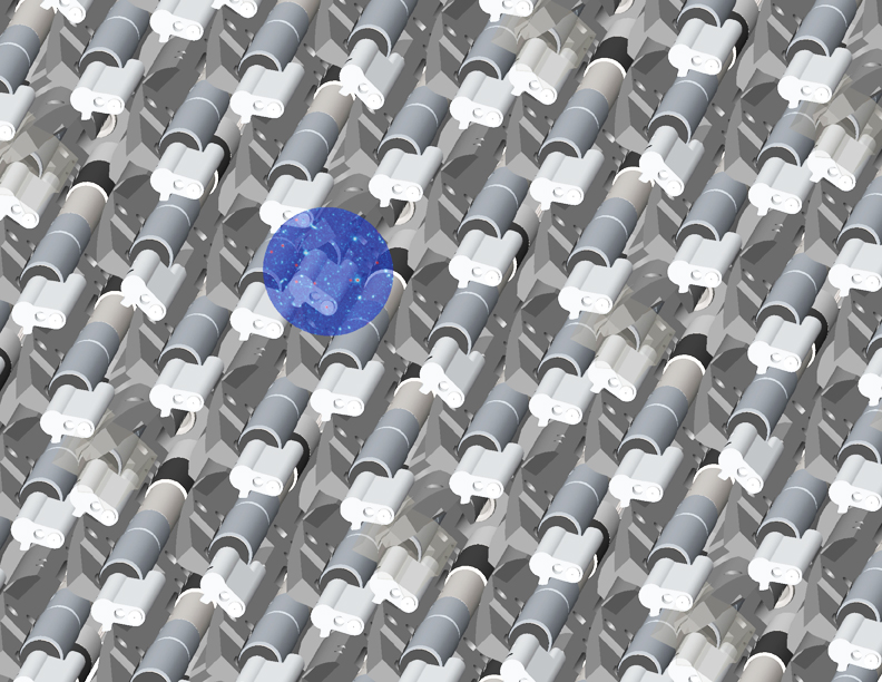 University of Michigan researchers will make more than 5,000 close­packed robotic positioners   for DESI. The positioners will be placed at the ends of optical fibers to collect the light from a   single galaxy or quasar. The blue circle represents a patch of sky with numerous astronomical   targets reachable by a single of these robots. In seconds it can rotate, extend, or retract to place   its fiber in position with millionths of a meter precision. Image credit: R. Lafever, DESI Collaboration