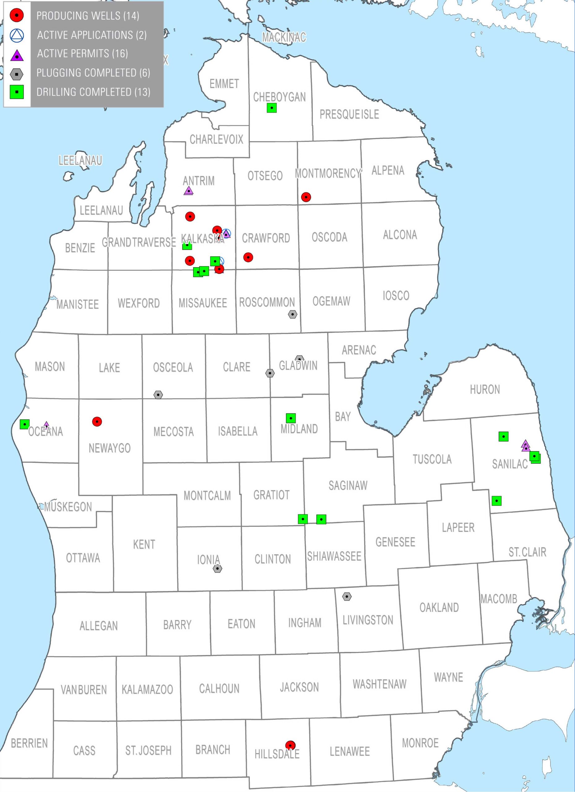 High-volume hydraulic fracturing wells in Michigan's Lower Peninsula as of May 28, 2015. Image courtesy: Michigan Department of Environmental Quality