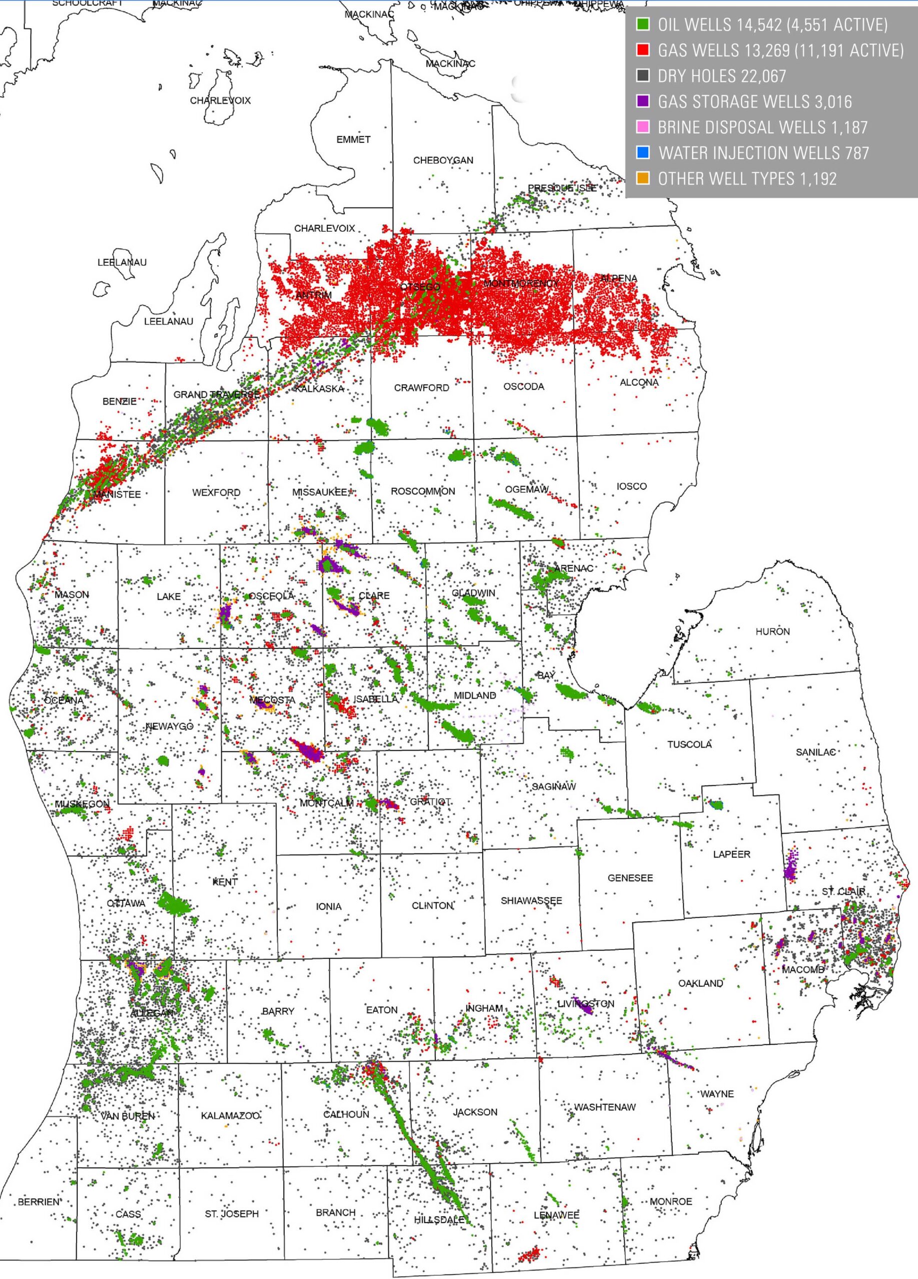 Oil and gas wells in Michigan's Lower Peninsula in 2005. Image courtesy: Michigan Department of Environmental Quality