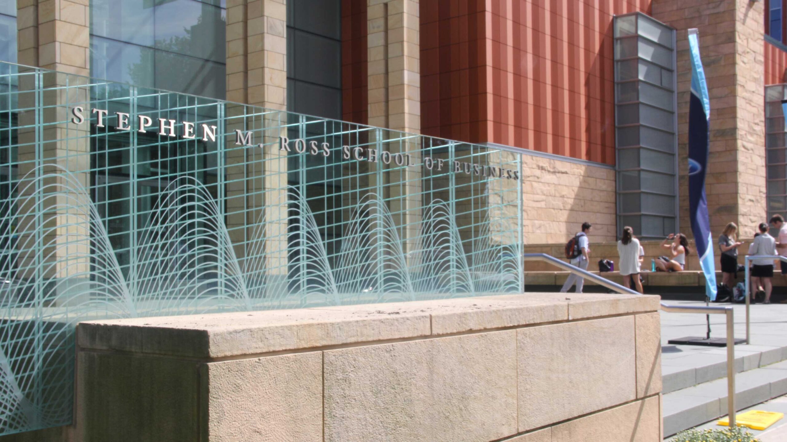 Stephen M. Ross School of Business exterior glass sign. Image credit: Levi Stroud