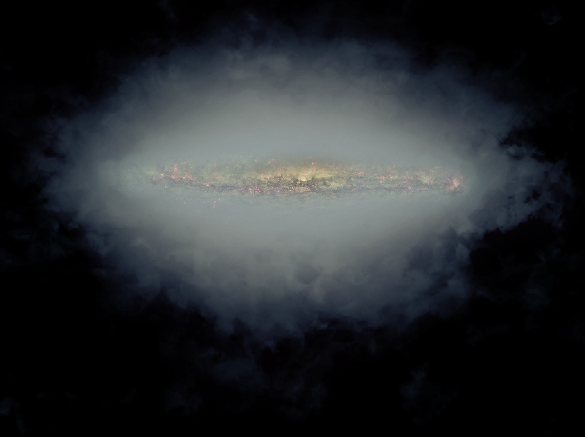 Composite image of an edge-on spiral galaxy with a radio halo produced by fast-moving particles in the galaxy's magnetic field. In this image, the large, grey-blue area is a single image formed by combining the radio halos of 30 different galaxies, as seen with the Very Large Array. At the center is a visible-light image of one of the galaxies, NGC 5775, made using the Hubble Space Telescope. This visible-light image shows only the inner part of the galaxy's star-forming region, outer portions of which extend horizontally into the area of the radio halo.  IMAGE CREDIT: Jayanne English (U. Manitoba), with support from Judith Irwin and Theresa Wiegert (Queen’s U.) for the CHANG-ES consortium; NRAO/AUI/NSF; NASA/STScI