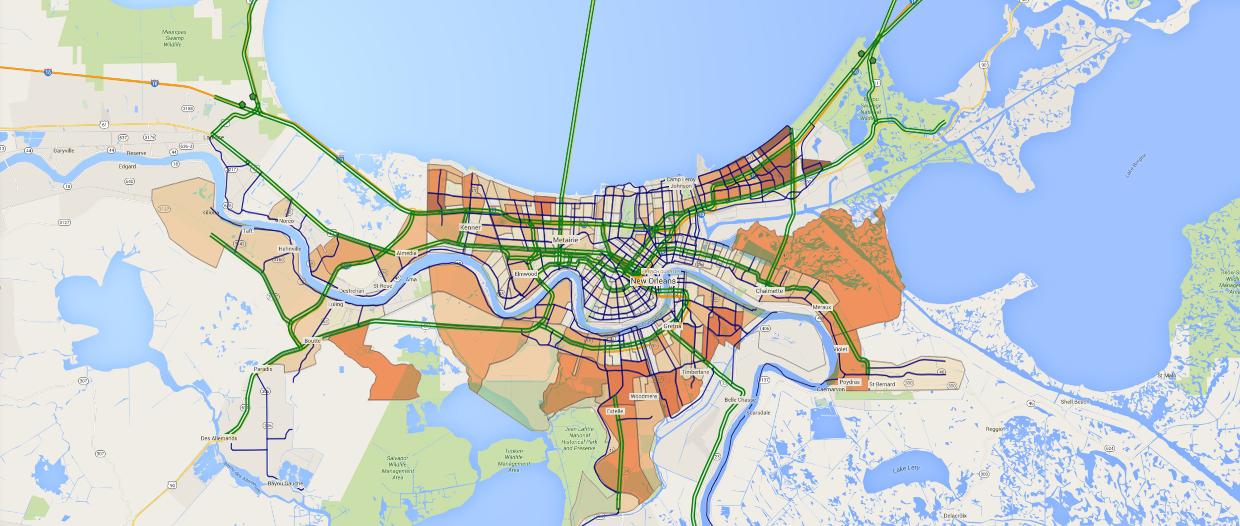 This map of New Orleans shows the sectors created by the optimized evacuation plan. Blue lines indicate secondary roads used in evacuation routes. Green lines indicate roads used as one-way contraflow evacuation routes. The orange shading indicates population density, with darker shading indicating greater density. Image courtesy: Pascal Van Hentenryck and K'Kio Hardin