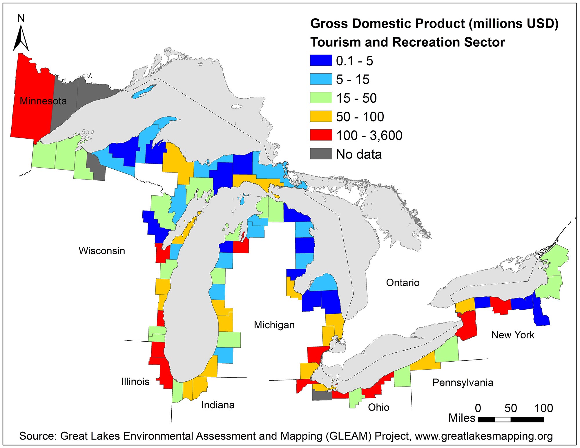 Gross domestic product for the tourism & recreation sector in U.S. counties. Data provided by Economics: National Ocean Watch (ENOW), which is sourced from the U.S. Bureau of Labor Statistics and the U.S. Bureau of Economic Analysis.