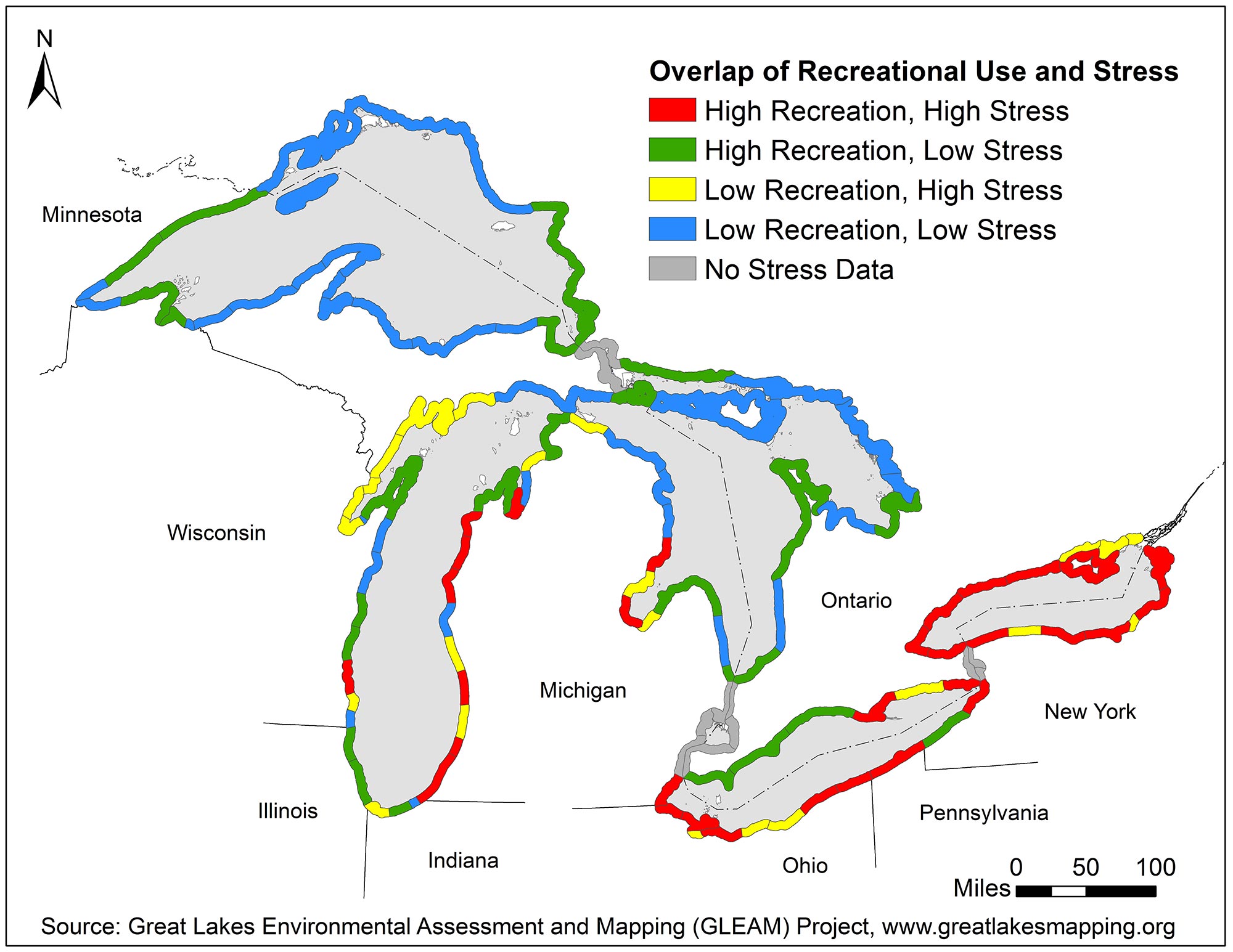 Combinations of recreational use and cumulative stress for Great Lakes counties. Counties with the highest ranking for recreational use and highest ranking for stress occur primarily along Lake Ontario, the southern shoreline of Lake Erie, and eastern shoreline of Lake Michigan. Lakes Huron and Superior generally have lower stress and recreational use. This information can help guide restoration investments to locations providing greater benefits. Images courtesy: Great Lakes Environmental Assessment and Mapping (GLEAM) project