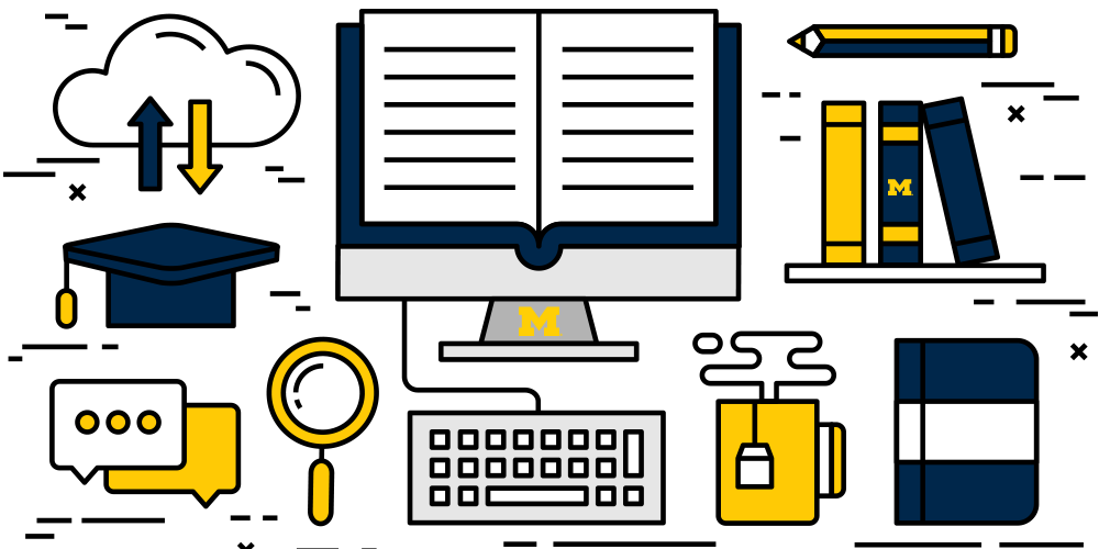 An illustration of education tools in maize and blue. 