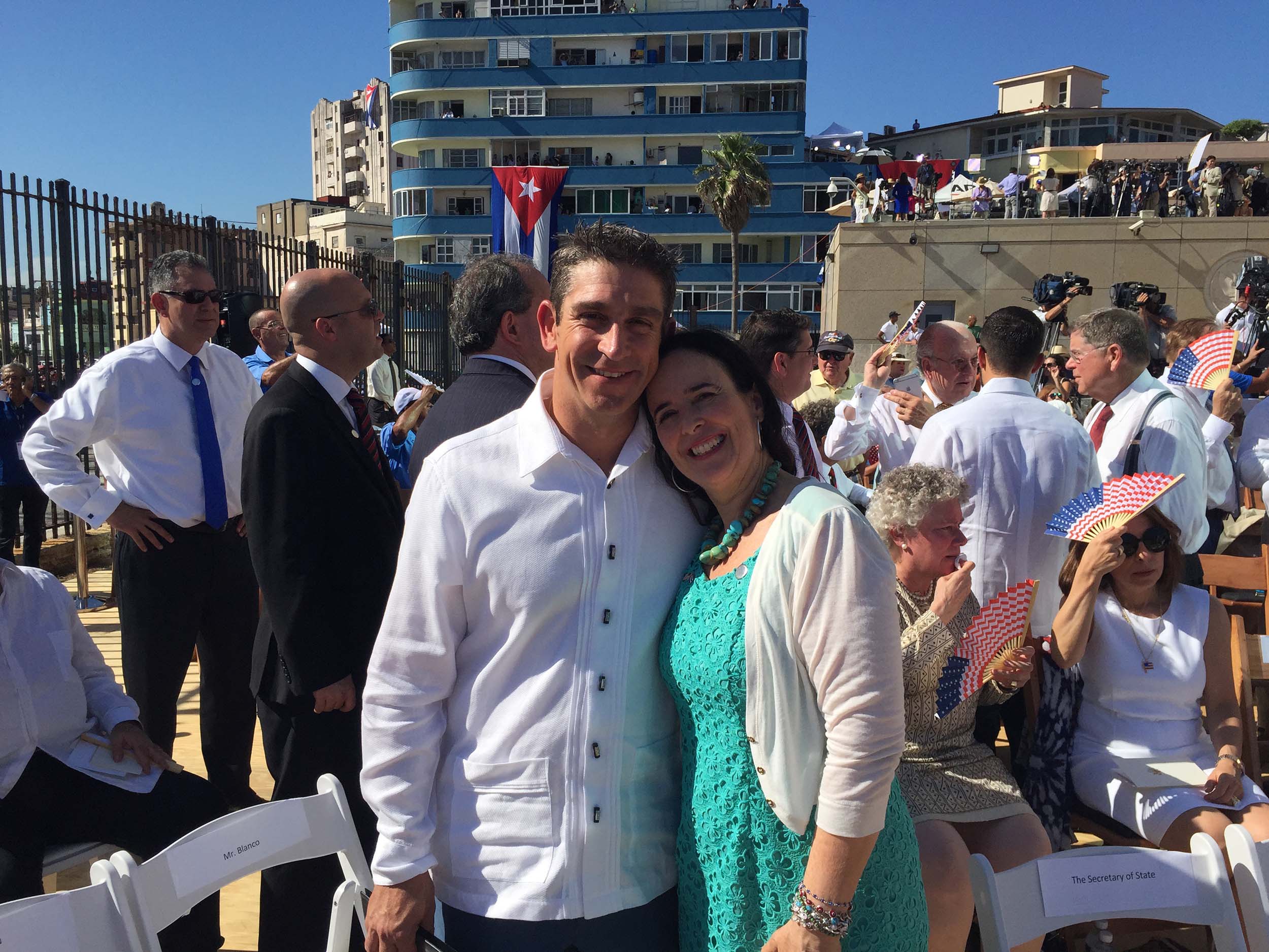 Behar and her friend of 20 years, Richard Blanco, during the re-opening of the embassy in Havana this summer. Behar and Blanco started this year the Bridges to Cuba: Lifting the emotional embargo to provide a space for Cubans from all over to tell stories 'with a soul.'