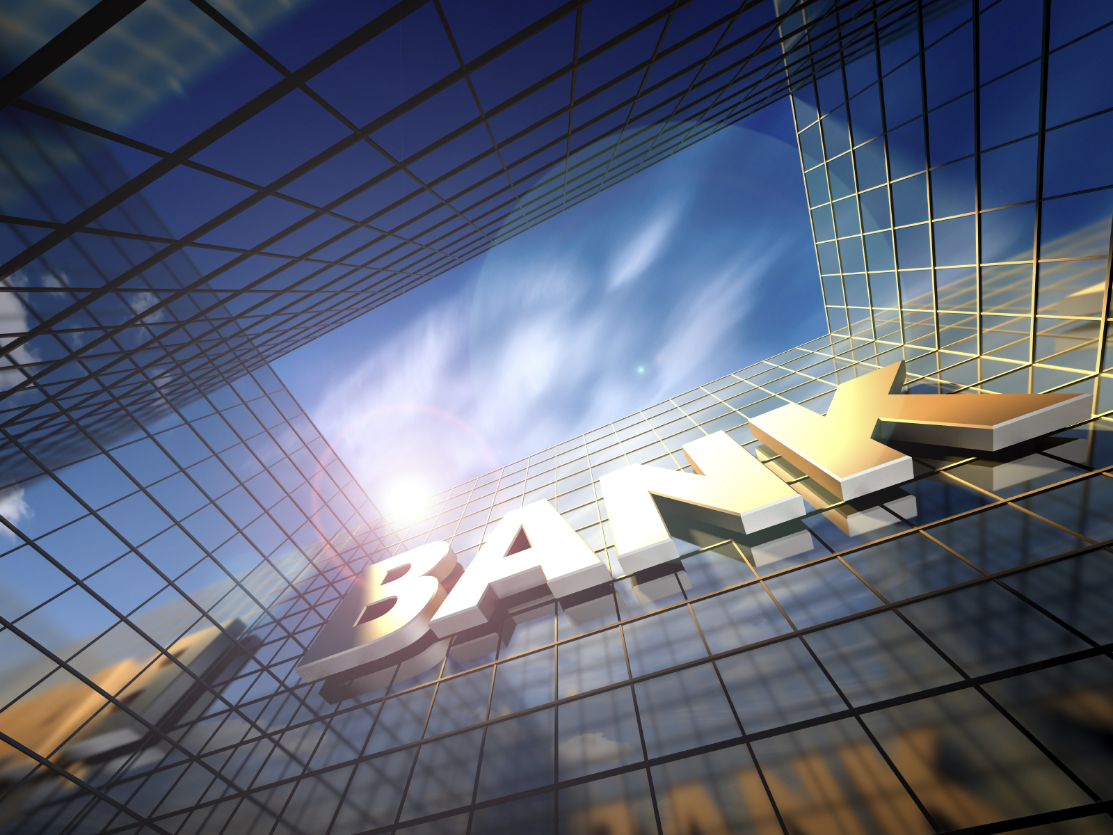 Looking skyward at a large BANK sign on the side of a glass building. (stock image)