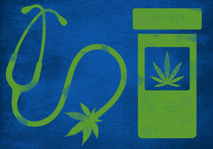 A stethoscope with a marijuana leaf and a pill bottle with a marijuana leaf.