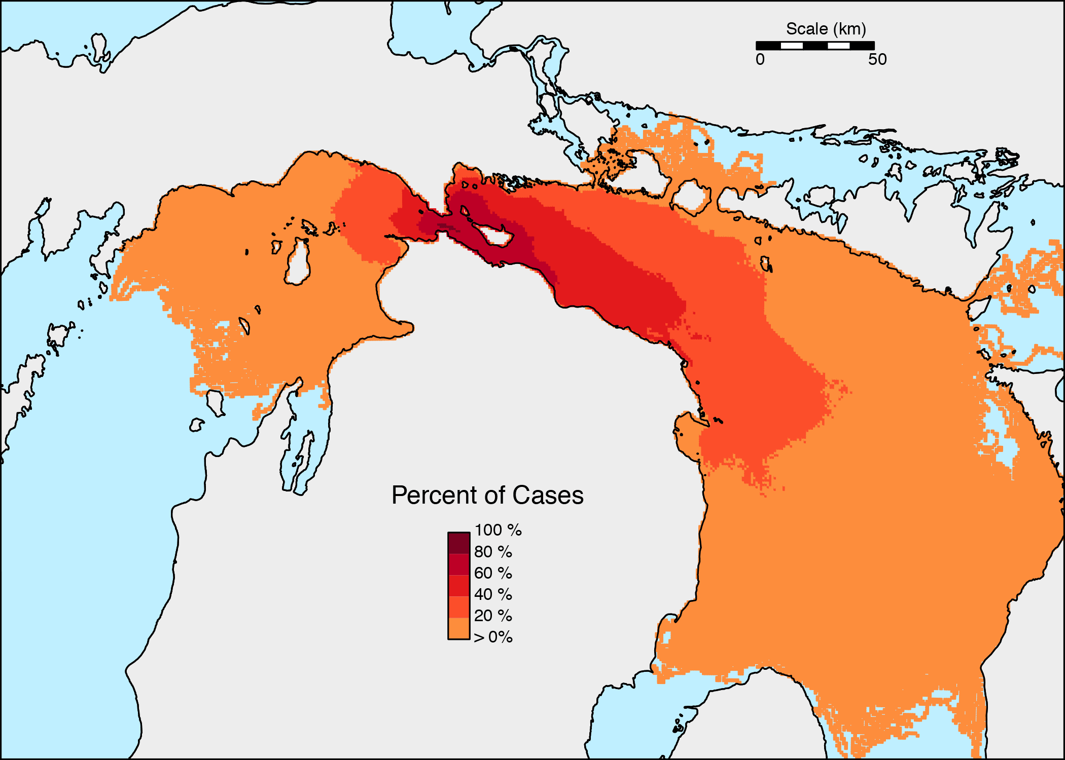 More than 800 oil spills were simulated using a computer model with real weather and water-current data measured at the Straits of Mackinac. This map shows the percentage of cases in which oil is present at a given location at any time after a Straits of Mackinac release. Image credit: Dave Schwab, U-M Water Center