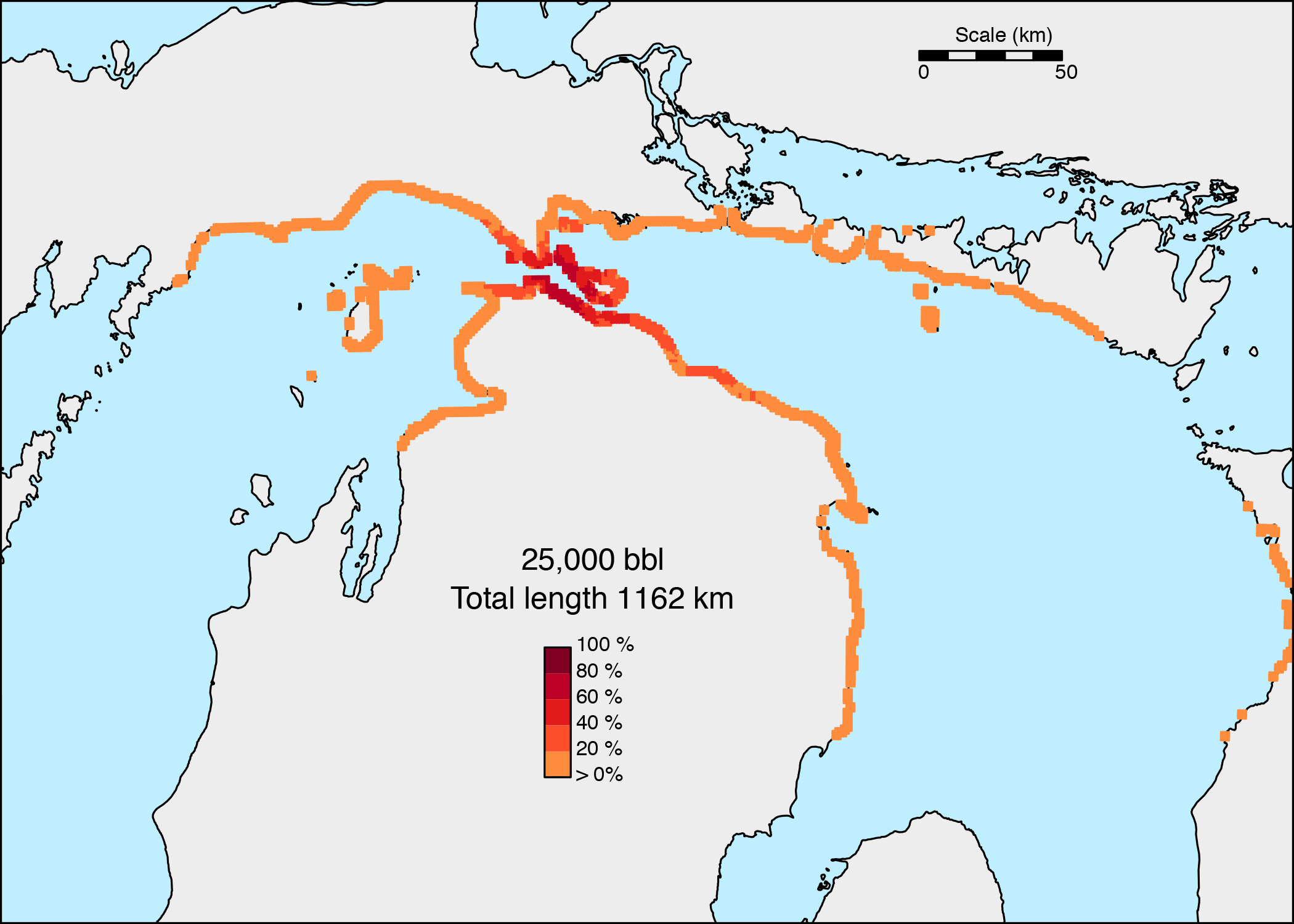 A total of 720 miles (1,162 km) of shoreline are considered potentially vulnerable to Straits of Mackinac oil spills. This map shows the probability that beached oil concentrations would exceed the threshold needed to trigger shoreline cleanup following the release of 25,000 barrels at the Straits of Mackinac. Image credit: David Schwab, U-M Water Center