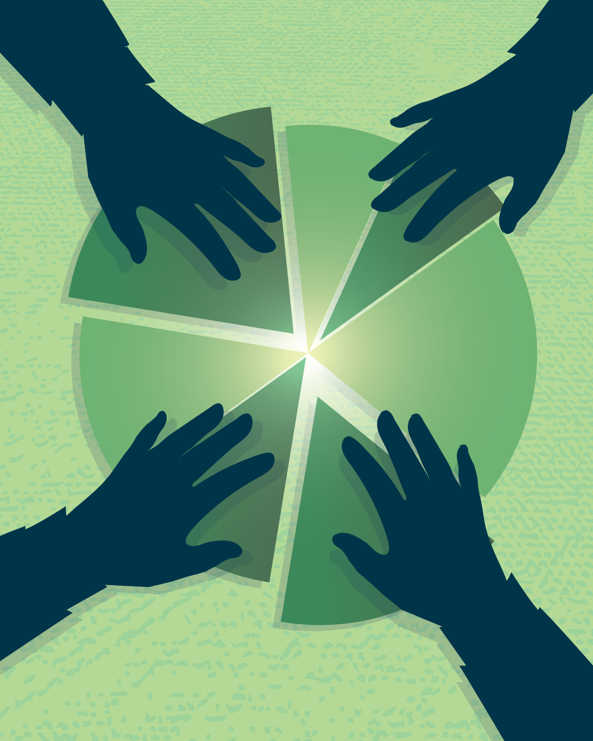Graphic of hands taking a piece of a pie chart. (stock image)