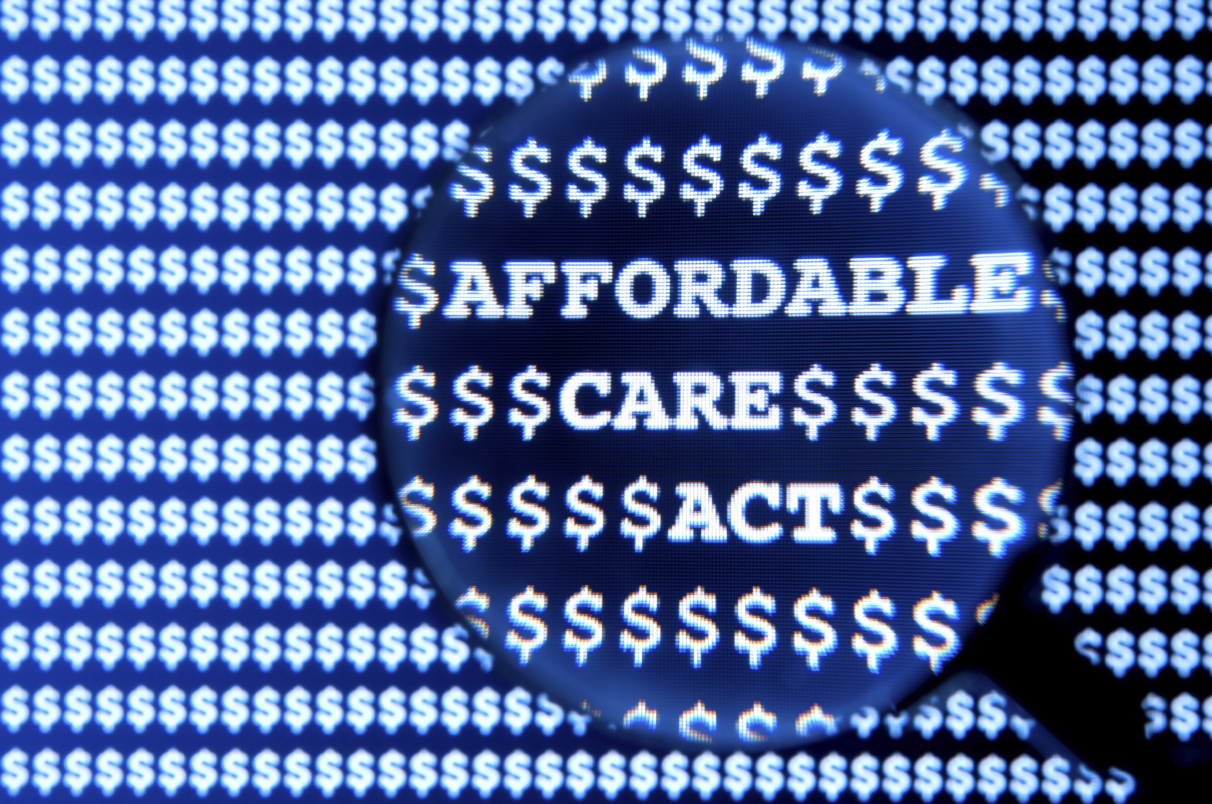 Abstract image of a digital dollar signs with words Affordable Care Act. (stock image)