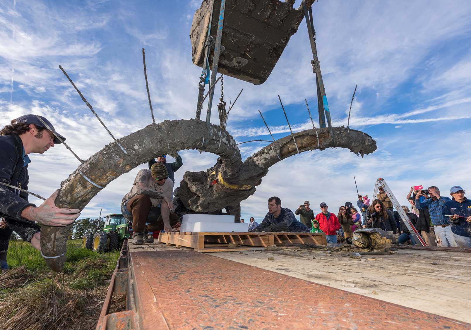 Mammoth skull and tusks are hoisted from the excavation pit. Image credit: Daryl Marshke, Michigan Photography